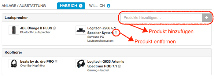 Screenshot Hab ich, Hatte ich und Will ich Produkte hinzufuegen bzw. entfernen